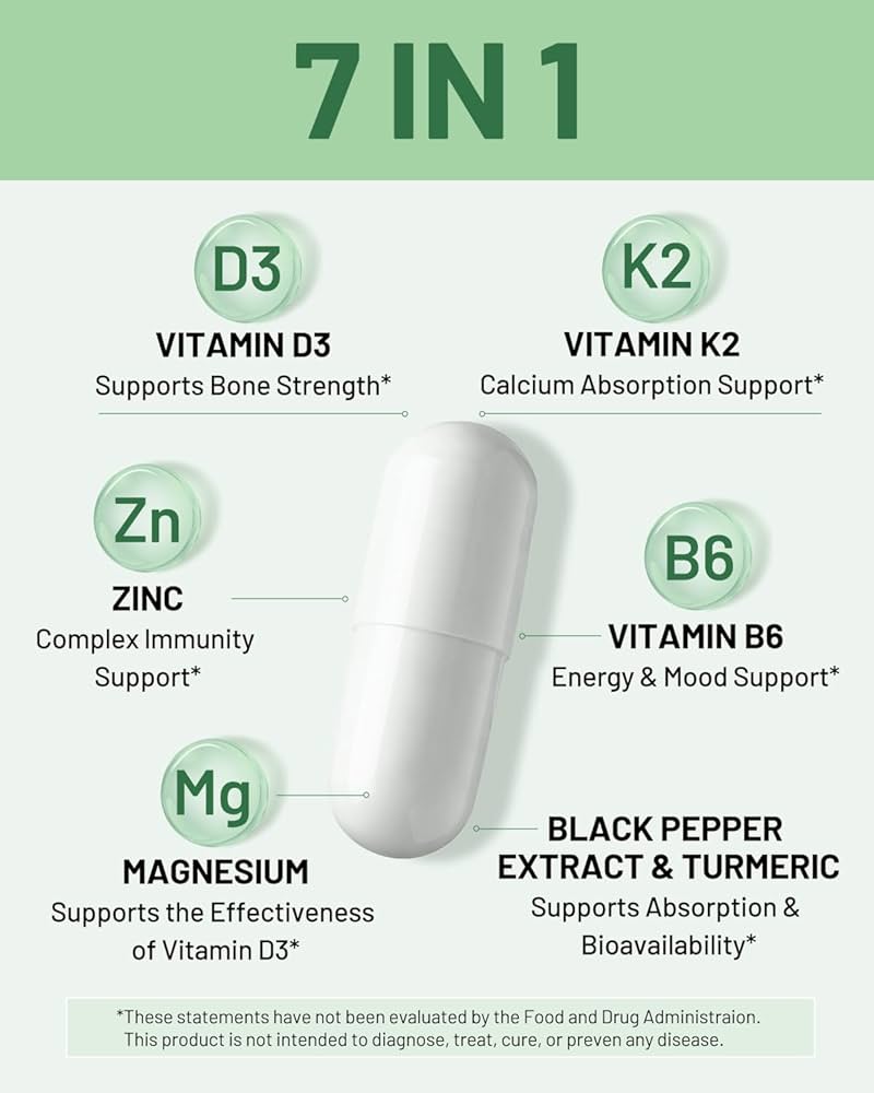 Magnesium + Vitamin D3 & K2 Complex | 7-in-1 High Absorption Formula | Turmeric, Black Pepper, Vitamin B6 & Zinc | 90 Capsules