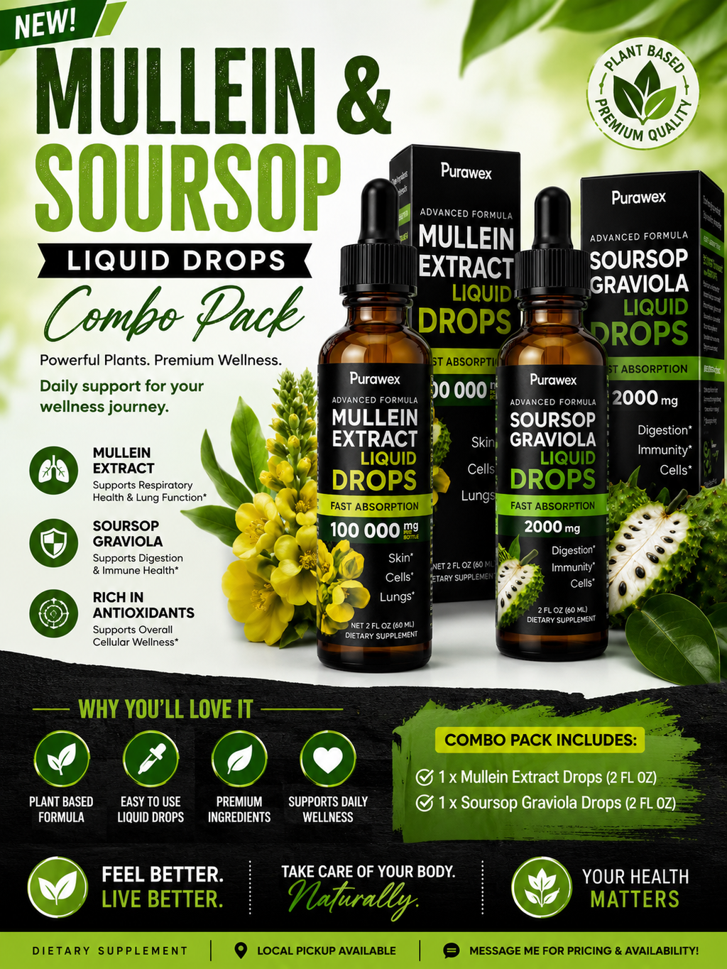 Soursop Graviola + Mullein Liquid Drops Bundle | Fast Absorption Herbal Wellness Duo | Immune, Respiratory & Digestive Support | 2 x 2 fl oz