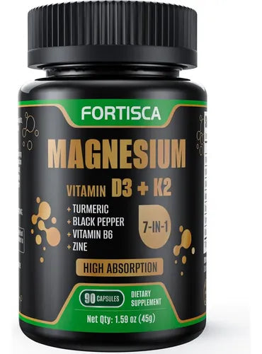 Magnesium + Vitamin D3 & K2 Complex | 7-in-1 High Absorption Formula | Turmeric, Black Pepper, Vitamin B6 & Zinc | 90 Capsules