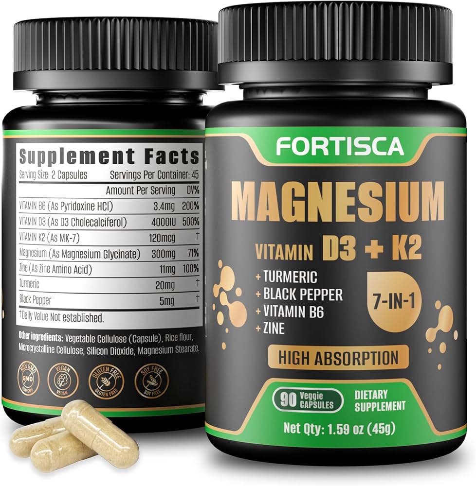Magnesium + Vitamin D3 & K2 Complex | 7-in-1 High Absorption Formula | Turmeric, Black Pepper, Vitamin B6 & Zinc | 90 Capsules