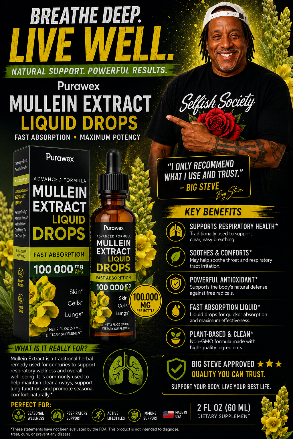 Premium Mullein Leaf Liquid Drops | Fast Absorption Herbal Extract | Respiratory & Lung Support | 2 fl oz (60mL)