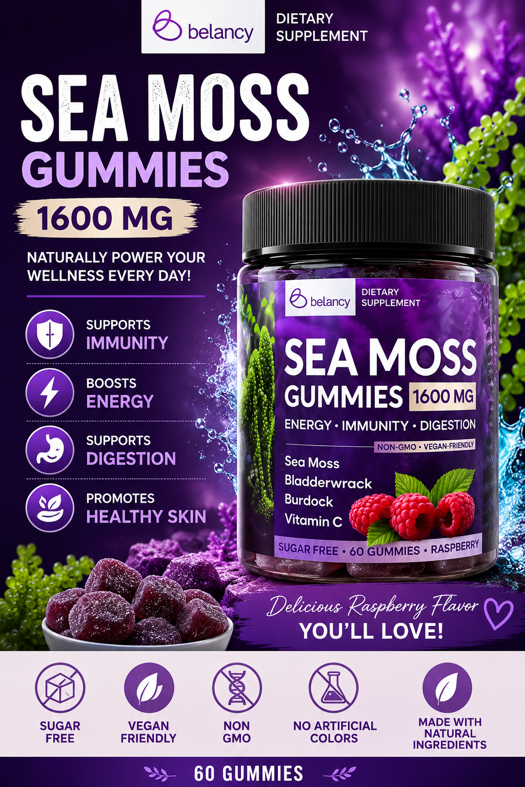 Abundant Life Force Wildcrafted Sea Moss Gummies 1600mg | Energy • Immunity • Digestion Support | 60 Gummies