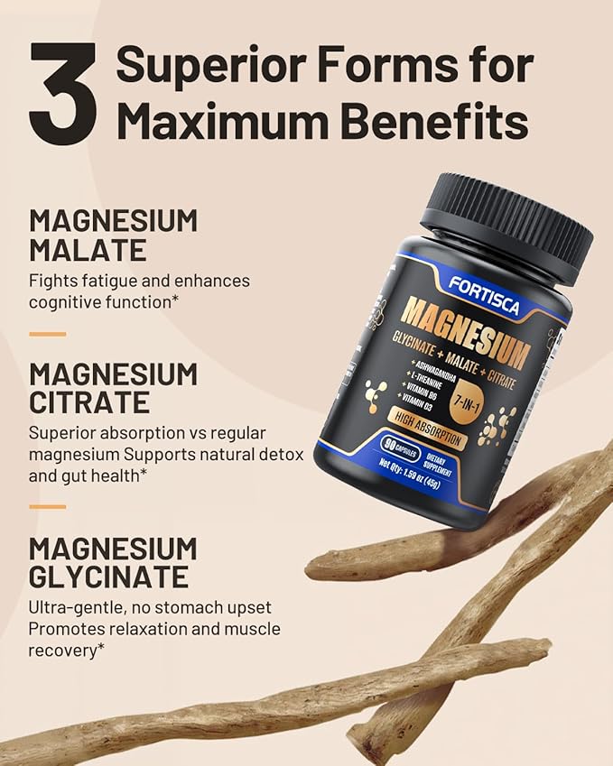Magnesium Complex 7-in-1 | Glycinate, Malate & Citrate + Ashwagandha | L-Theanine, Vitamin B6 & D3 | High Absorption | 90 Capsules