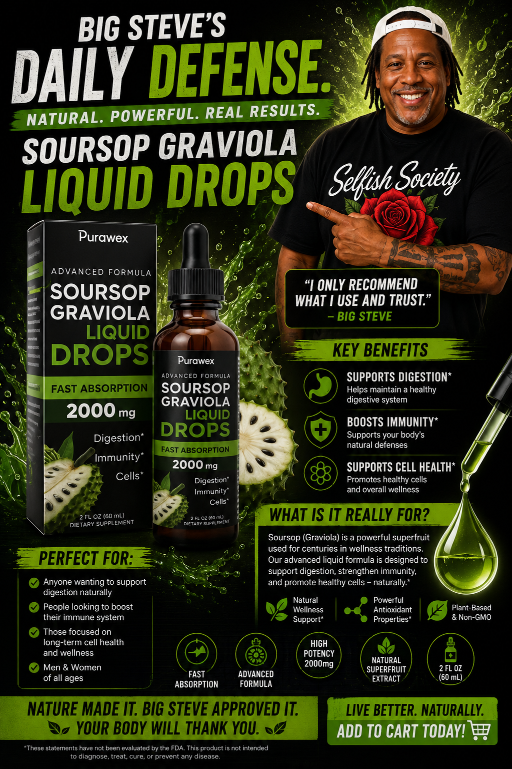 Premium Soursop (Graviola) Liquid Drops 2000mg | Fast Absorption Herbal Extract | Immune & Digestive Support | 2 fl oz