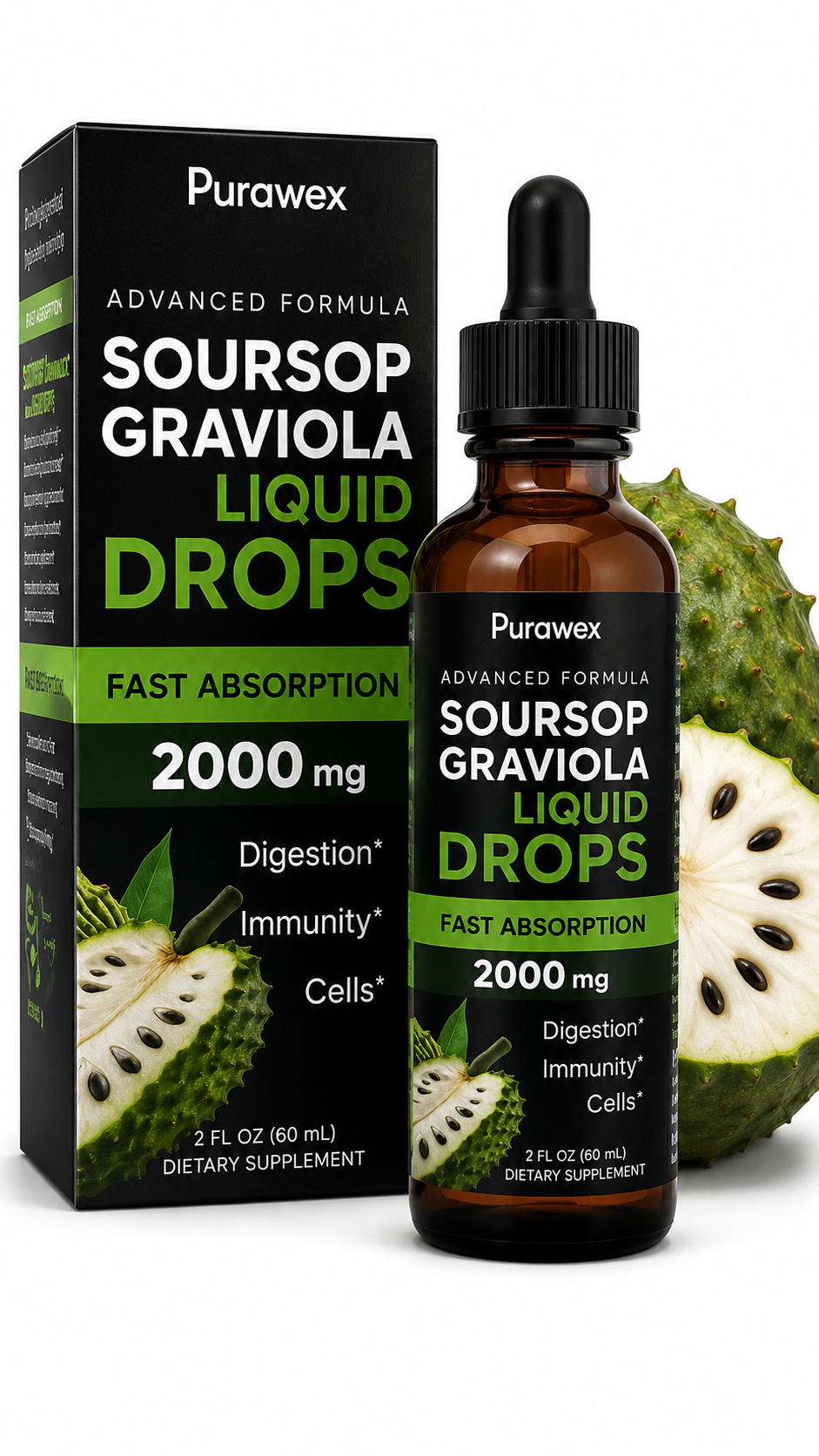 Premium Soursop (Graviola) Liquid Drops 2000mg | Fast Absorption Herbal Extract | Immune & Digestive Support | 2 fl oz