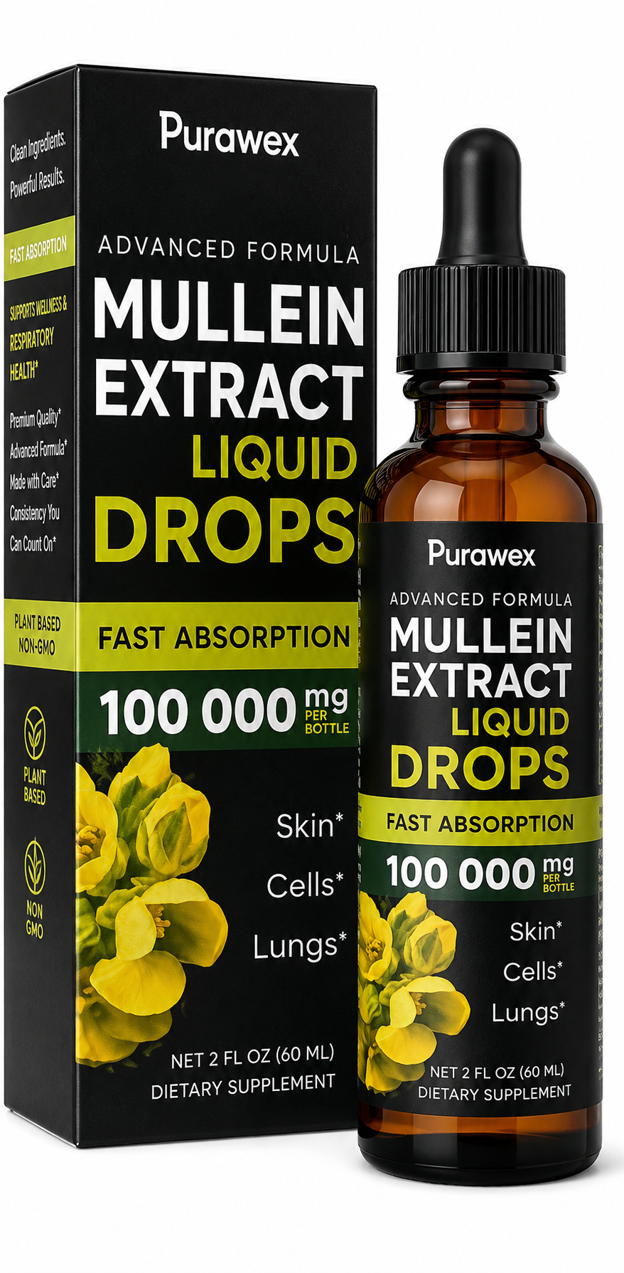Premium Mullein Leaf Liquid Drops | Fast Absorption Herbal Extract | Respiratory & Lung Support | 2 fl oz (60mL)
