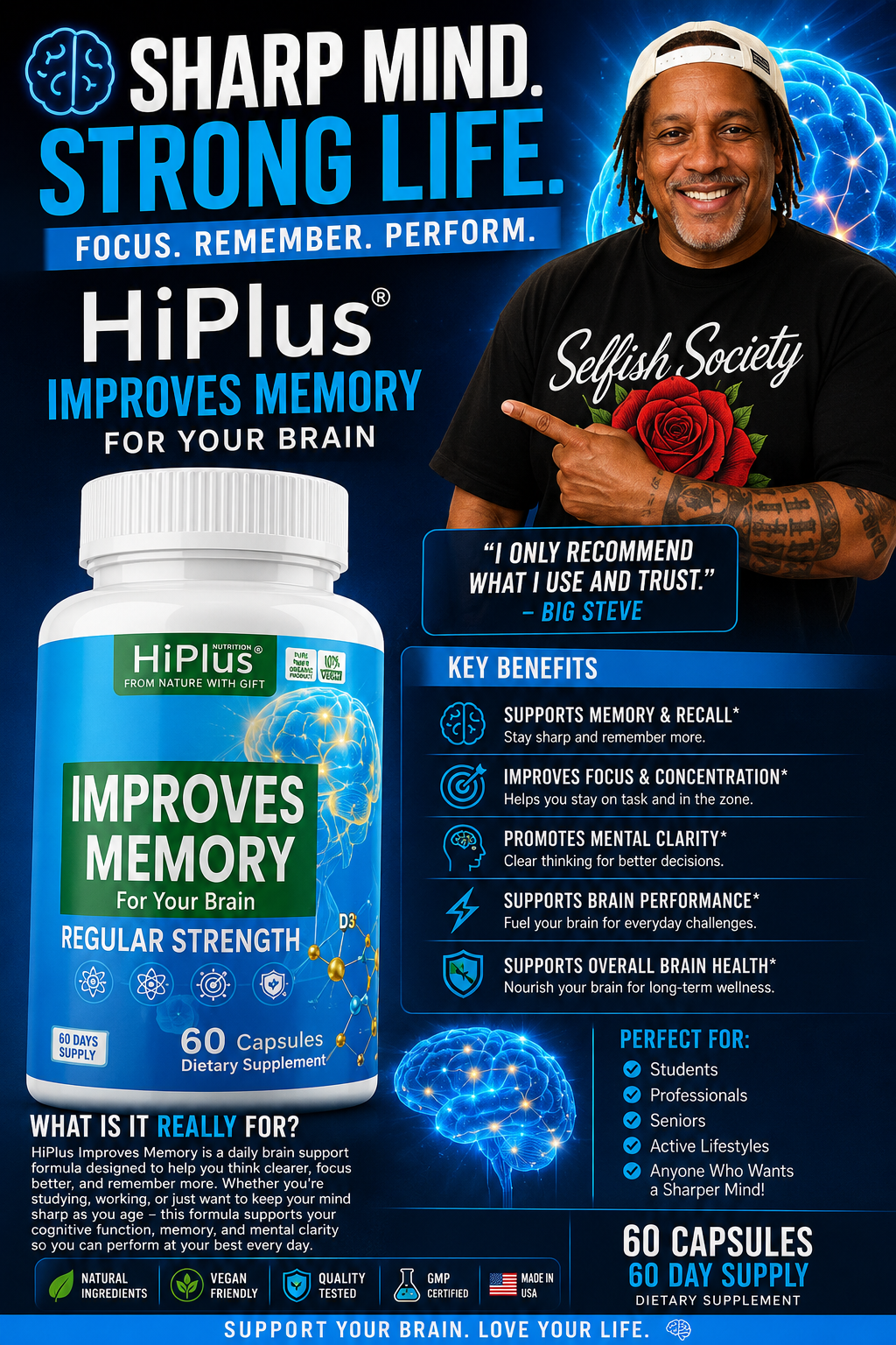 Brain Support Memory Formula | Focus, Memory & Cognitive Wellness Supplement | 60 Capsules
