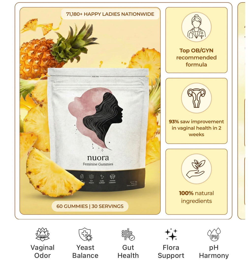 Las gomitas Nuora son veganas, sin azúcar y están saborizadas con piña hawaiana. Los ingredientes activos principales incluyen