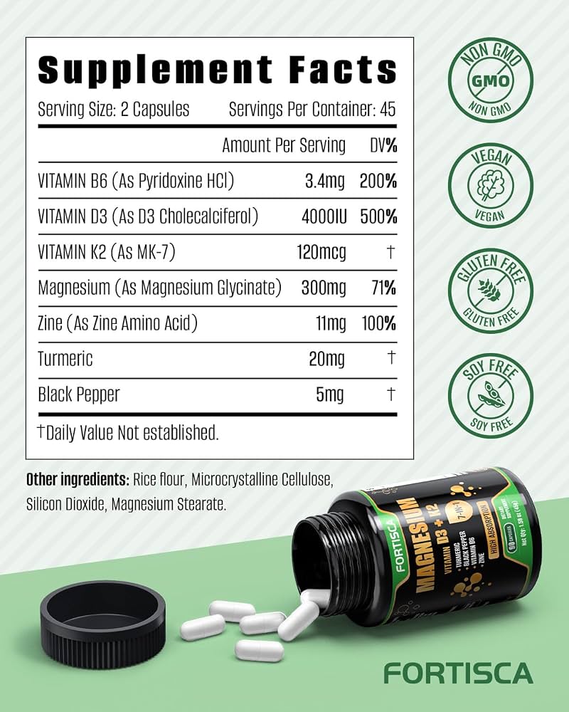 Magnesium + Vitamin D3 & K2 Complex | 7-in-1 High Absorption Formula | Turmeric, Black Pepper, Vitamin B6 & Zinc | 90 Capsules
