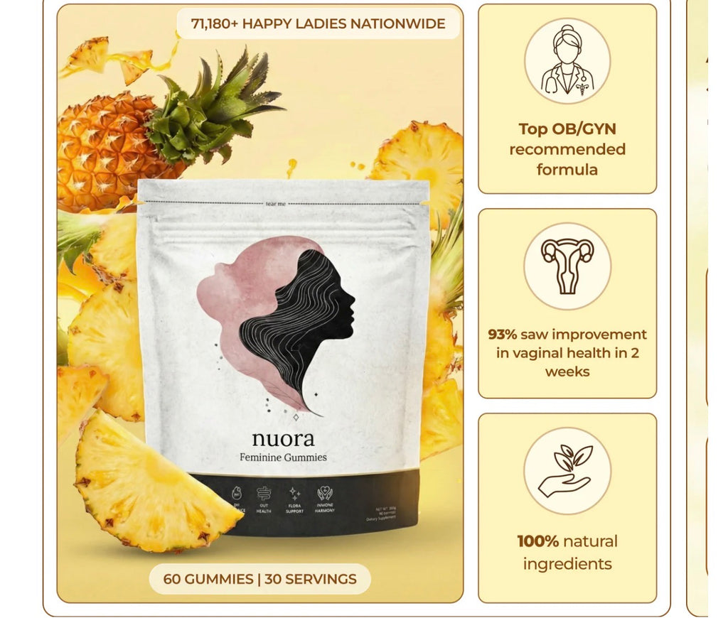 Las gomitas Nuora son veganas, sin azúcar y están saborizadas con piña hawaiana. Los ingredientes activos principales incluyen