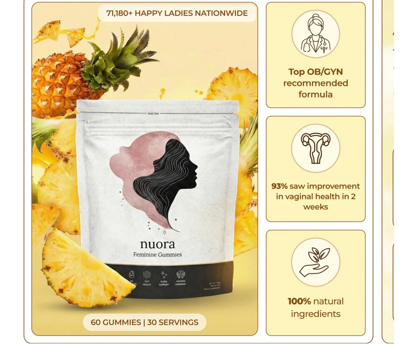 Las gomitas Nuora son veganas, sin azúcar y están saborizadas con piña hawaiana. Los ingredientes activos principales incluyen
